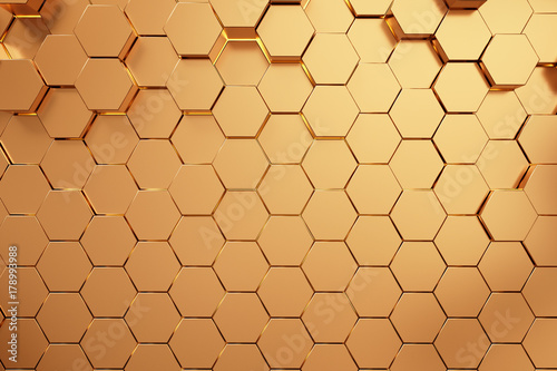 Golden hexagonal honeycomb background,3d background,Abstract 3d rendering of gold surface.