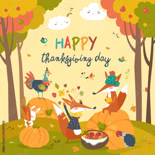 Cute animals celebrating Thanksgiving day