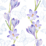 Seamless pattern with watercolor crocuses and butterflies on a white background.