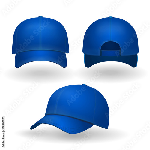 Blue baseball cap set front side view isolated on white background photo