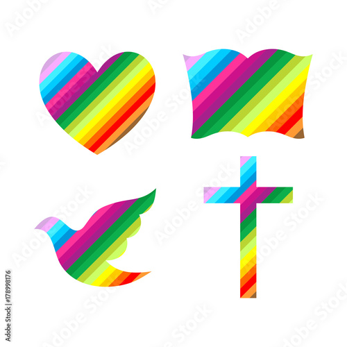 Church logo. Christian symbols. Cross, bible, heart and dove