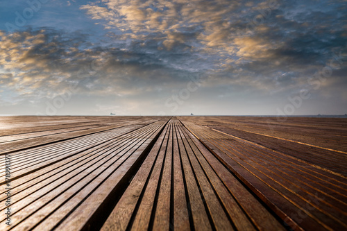 Abstract Background Image with Empty Wooden Floor at Harbor near Sea 
