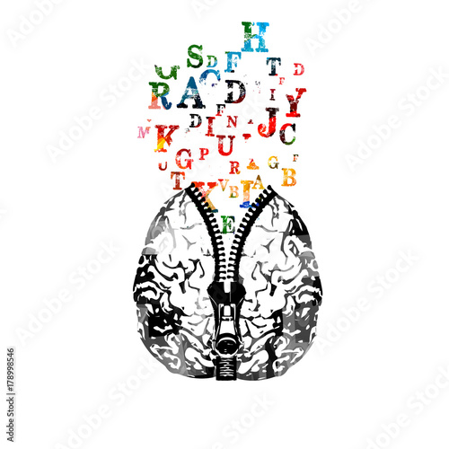 Human brain with zipper and colorful alphabet letters vector illustration. Creativity concept, education background