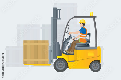 Forklift electric. Modern warehouse. Vector illustration