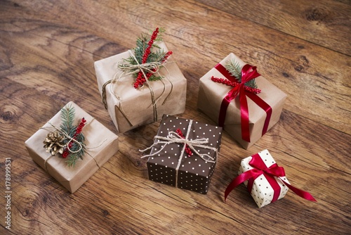 xmas gifts on wooden table