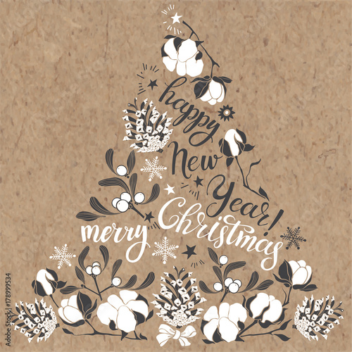  Xmas Decorations. Abstract Christmas Tree. Hand-drawn vector illustration on kraft background.