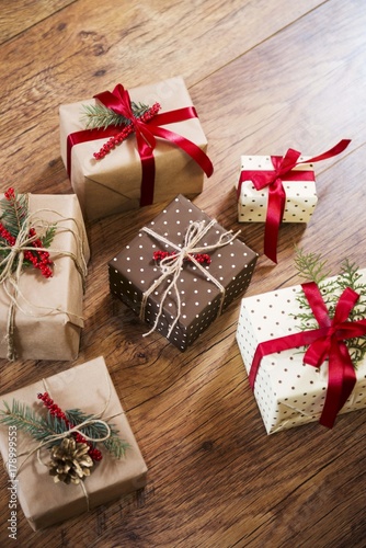 xmas gifts on wooden table