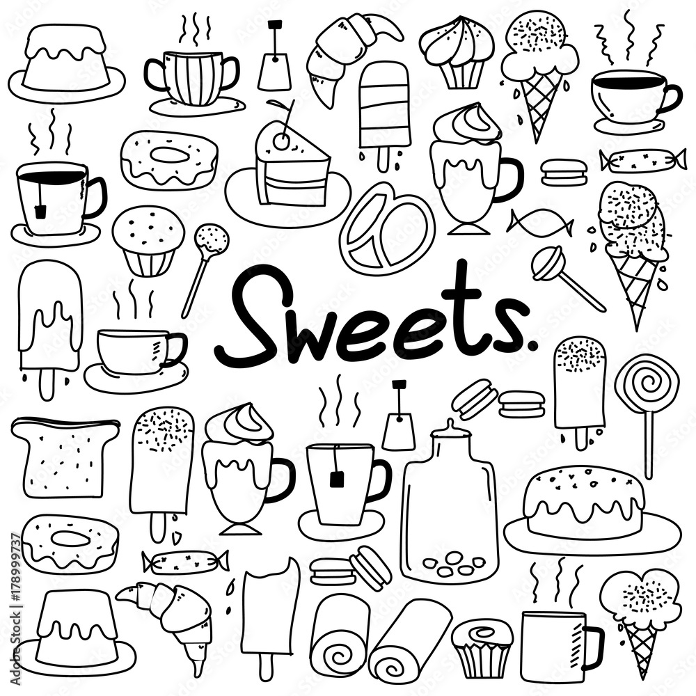Hand Drawn Doodle Vector Sweets Set.