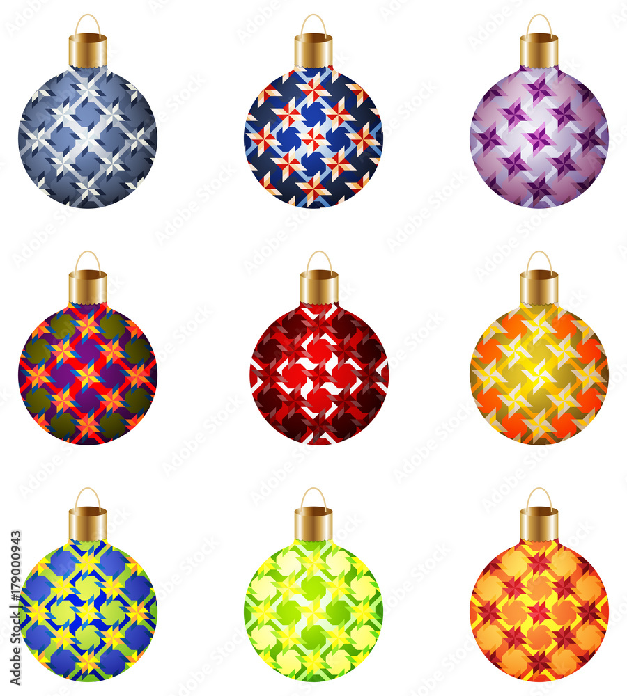 Set of 9 multicolored isolated Christmas balls with stylish geometric decorative ornament Set of 9 multicolored isolated Christmas balls with stylish geometric decorative ornament