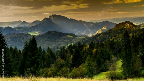 View of the Pieniny Mountains at sunset, Poland.