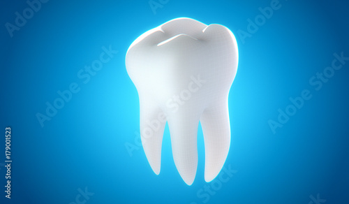 healthy white 3d rendering tooth on the blue banckground.