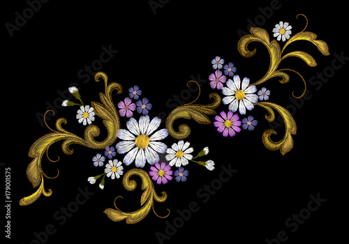 Realistic vector embroidery fashion patch. Flower daisy golden leaves vintage victorian design. Stitch texture floral arrangement clothes decoration illustration