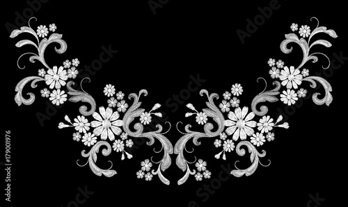 Realistic white vector embroidery fashion symmetric patch. Flower rose daisy leaves vintage victorian design. Stitch texture floral arrangement clothes decoration illustration