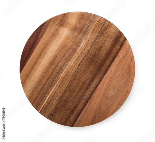 Acacia wood round cutting board isolated on white background, top view