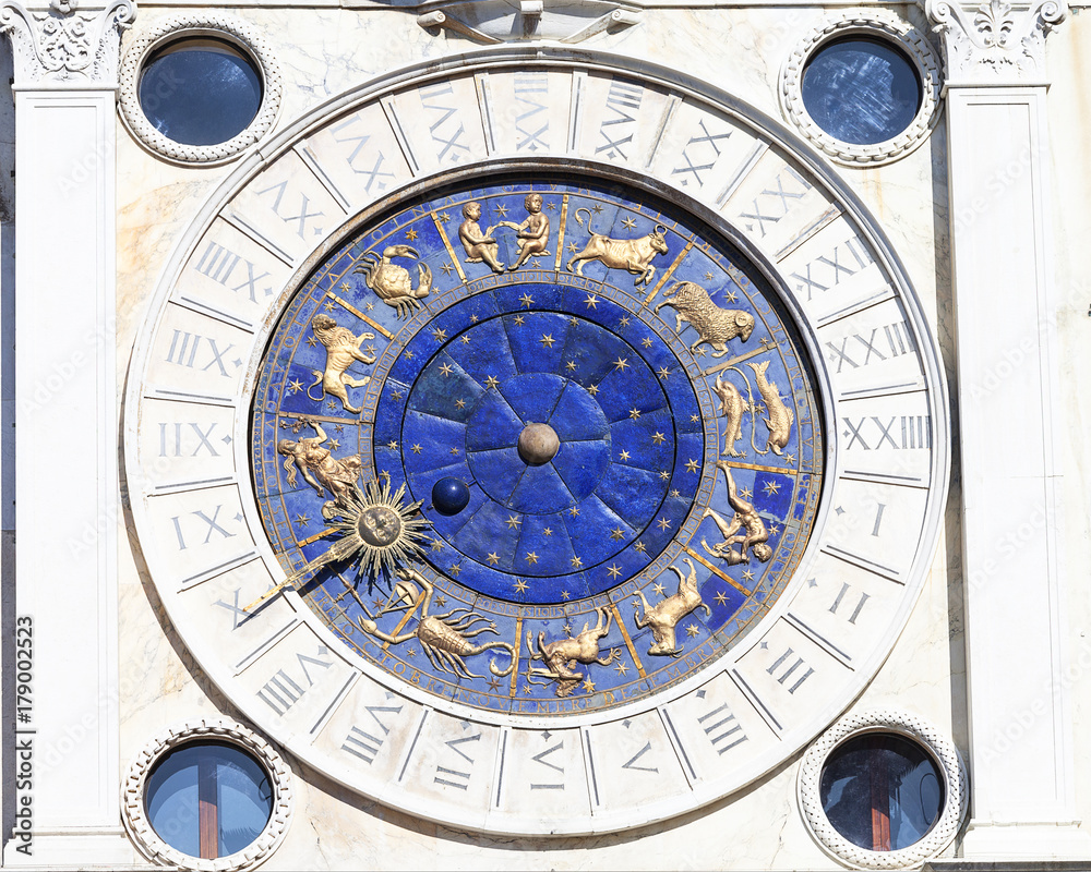 St Mark's Clock tower on Piazza San Marco, clock face, Venice, Italy.