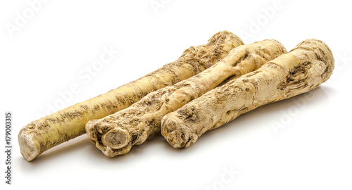 Three fresh horseradish roots isolated on white background