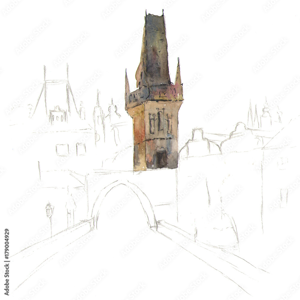 Fototapeta premium Hand drawing of Old City of Prague in watercolor style: cathedral of st. Wenceslas
