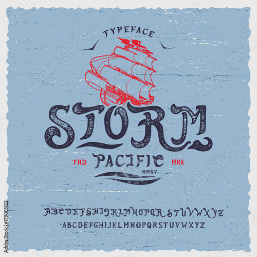 Font Storm. Hand crafted stylized retro vintage typeface design. Original handmade lettering type alphabet on navy background. Authentic handwritten font, vector set letters. Art script logo, label.