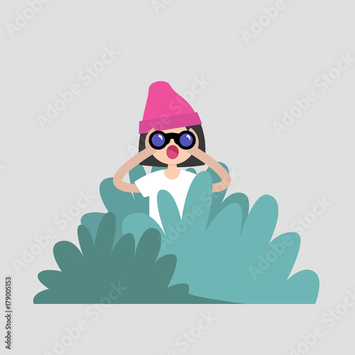 Young female character hiding in the bushes and looking through binoculars. Spying, conceptual illustration. Special agent. Secret mission. Sneak peek. Flat vector illustration, clip art