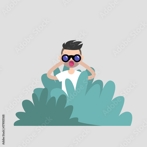Young character hiding in the bushes and looking through binoculars. Spying, conceptual illustration. Special agent. Secret mission. Sneak peek. Flat vector illustration, clip art