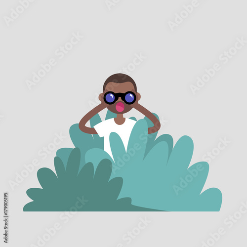 Young black character hiding in the bushes and looking through binoculars. Spying, conceptual illustration. Special agent. Secret mission. Sneak peek. Flat vector illustration, clip art