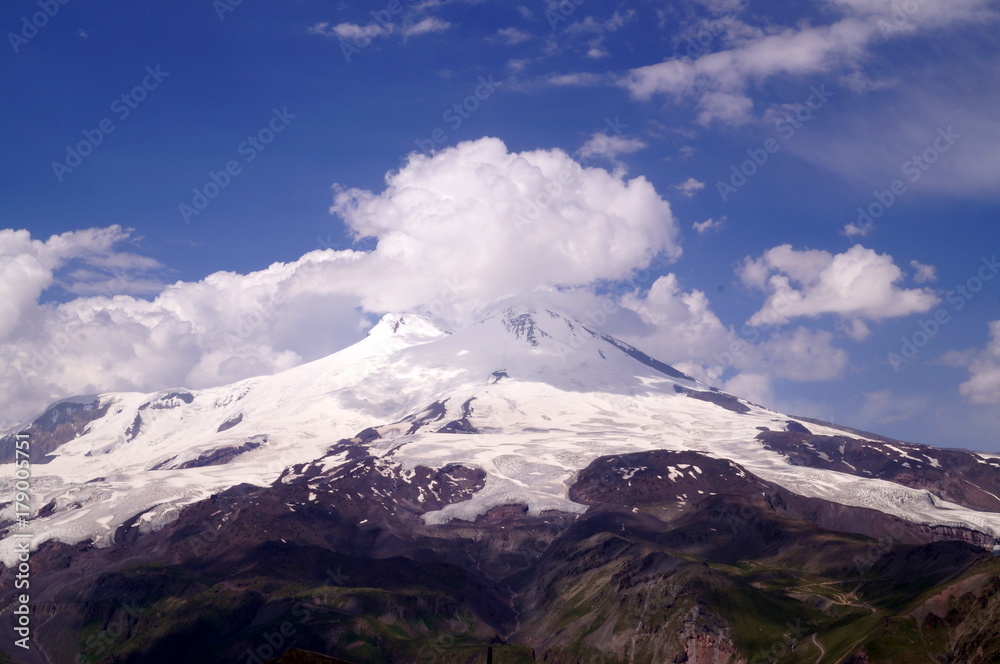 Elbrus is the highest peak of Europe, on a sunny day.