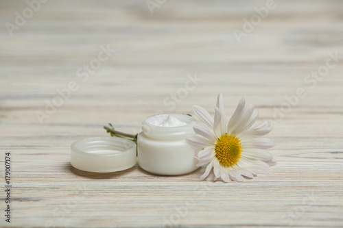 cream jar and aloe leaf  white can for a cosmetic cream and a chamomile flower  skin care product  Capacity for cosmetic cream