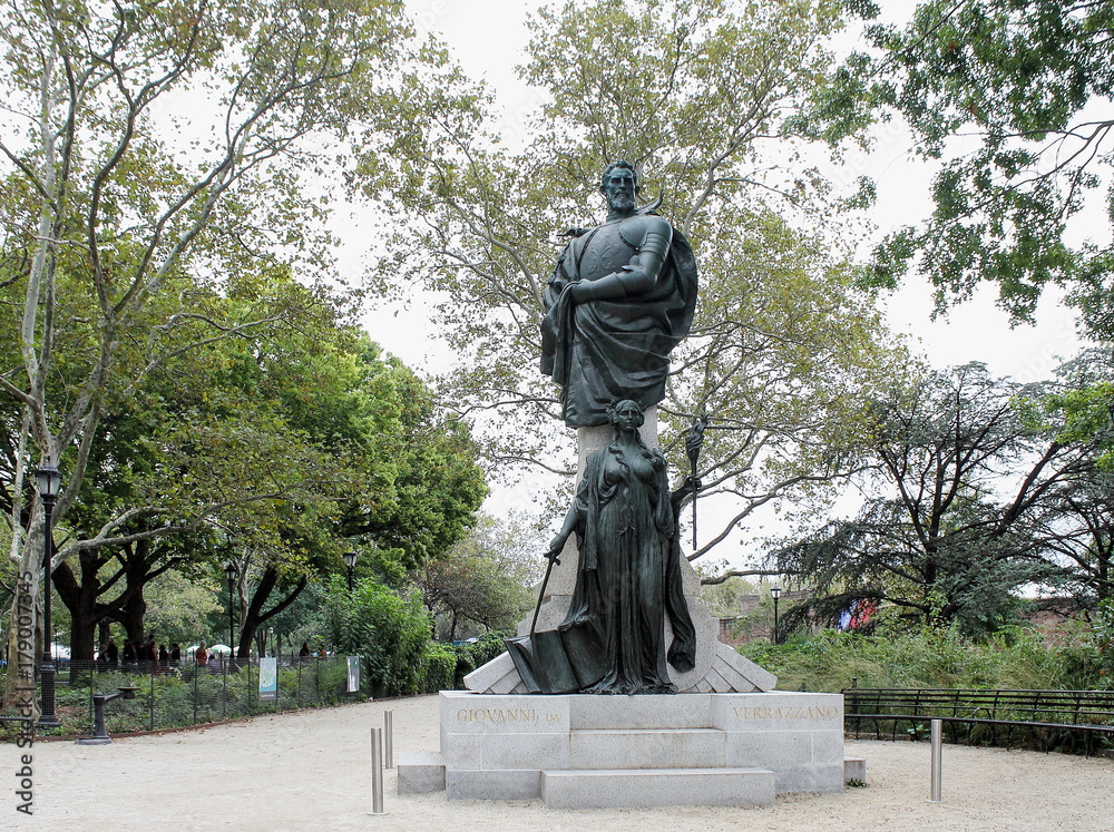 A statue in Lower Manhattan of the Italian explorer Giovanni da Verrazzano by Ettore Ximenes, for whom the Verrazano-Narrows Bridge is named.