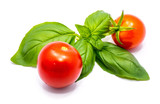 Two whole red tomato cherry and basil leaves composition isolated on white background