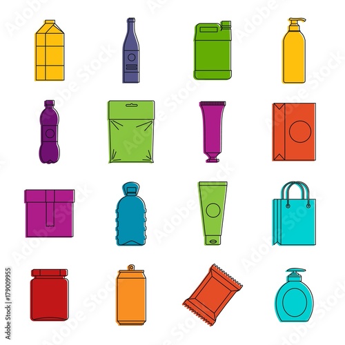Packaging items icons doodle set