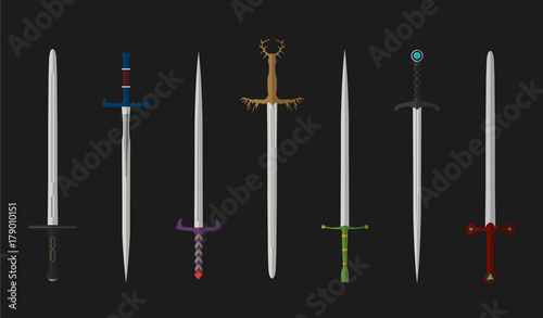 Set of fighting knight swords. Metal european straight knight swords.Illustration of kings weapons. Vector medieval weapons.