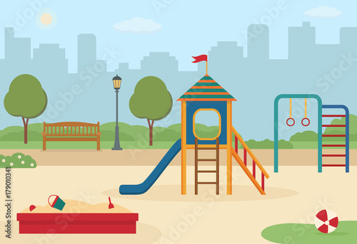 Children's playground in the city park with toys, a slide, a sandpit. Vector illustration.
