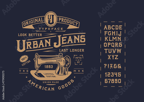 FONT URBAN JEANS. Craft vintage typeface design. Fashion type. Serif alphabet. Pop modern display vector letters. Drawn SEWING MACHINE in graphic style. Set of Latin characters, numbers, punctuation.