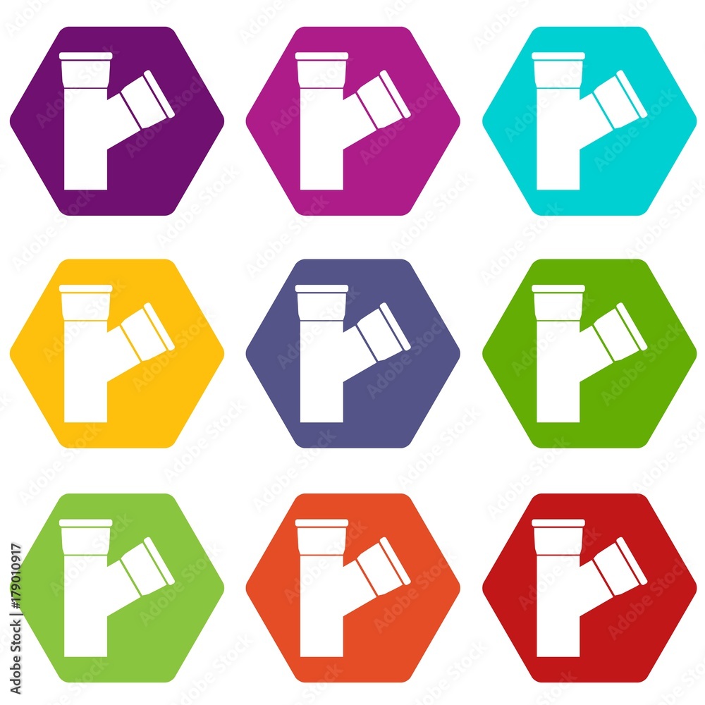 Plastic pipe connection icon set color hexahedron Plastic pipe connection icon set color hexahedron