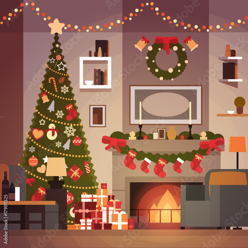 Christmas And New Year Decoration Of Living Room Pine Tree   Fireplace And Garlands Holidays Home Interior Flat Vector Illustration