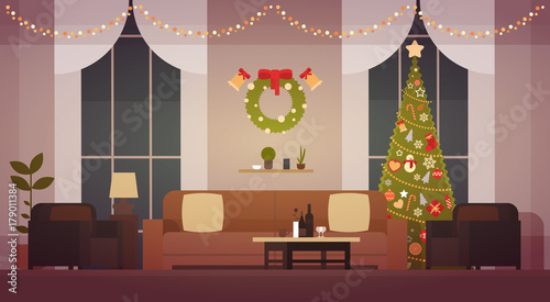 Home Christmas Interior With Pine Tree, Living Room Decoration For New Year Flat Vector Illustration