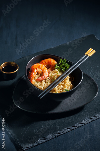 Freshly cooked instant noodles. Asian cuisine