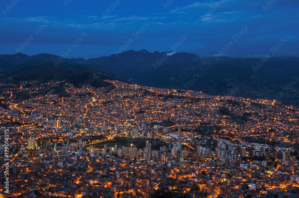 View over the city center of La Paz, Bolivia at night. Cityscape of night La Paz city