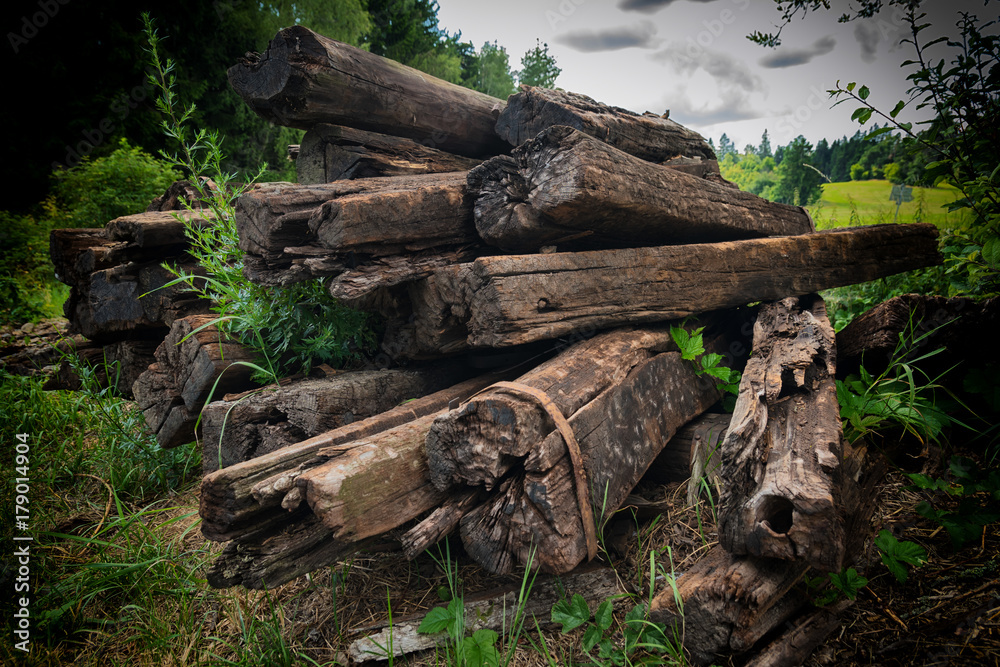 Old wooden oak tree sleepers in group