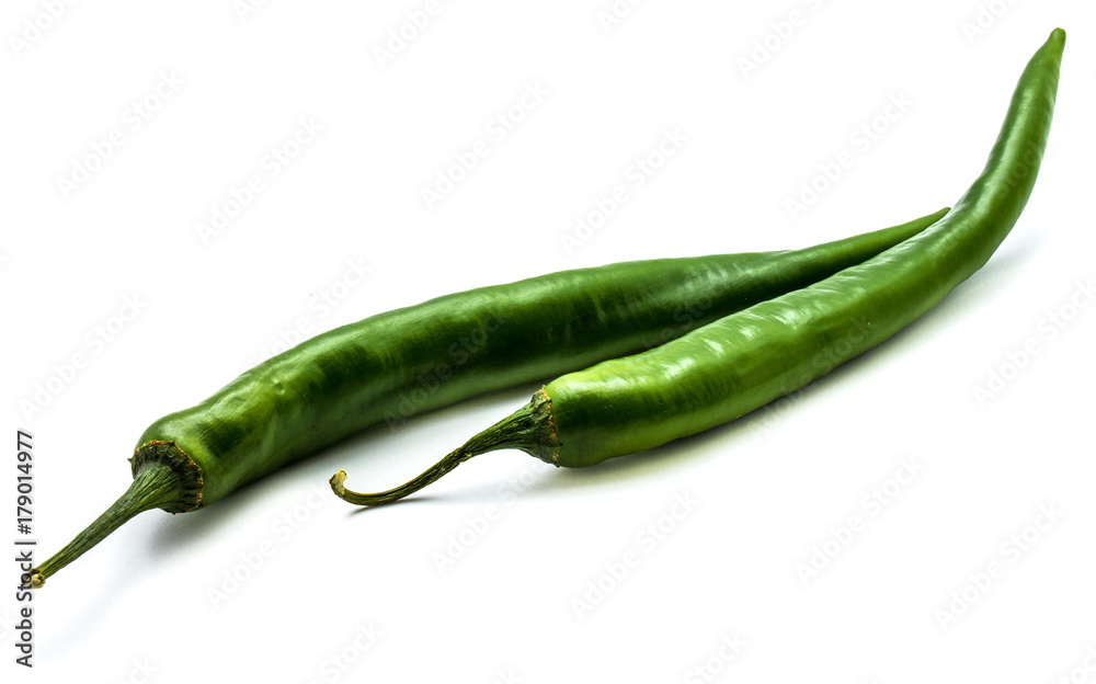 Two whole Chili peppers, green Cayenne, isolated on white background Two whole Chili peppers, green Cayenne, isolated on white background