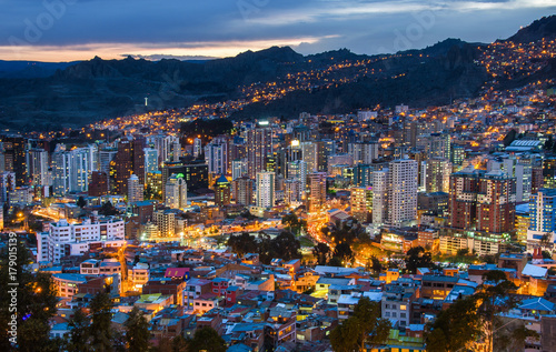 View over the city center of La Paz  Bolivia at night. Cityscape of night La Paz city