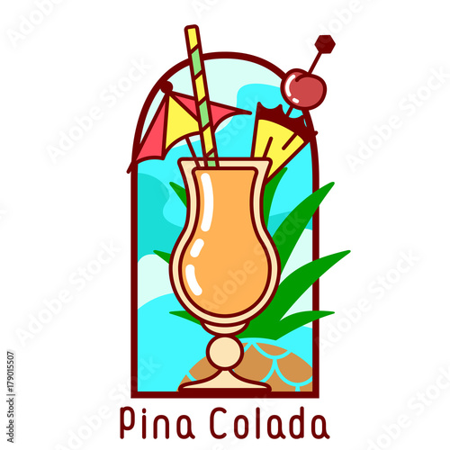 Vector colorful icon of cocktail Pina Colada. The icon in a frame with a cocktail name. EPS10