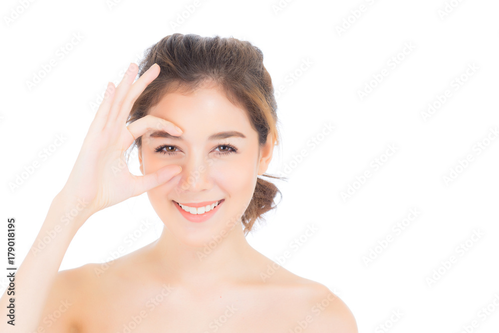 Portrait of beautiful asian woman makeup of cosmetic, girl hand touch eye and smile attractive, face of beauty perfect with wellness isolated on white background with skin healthcare concept.