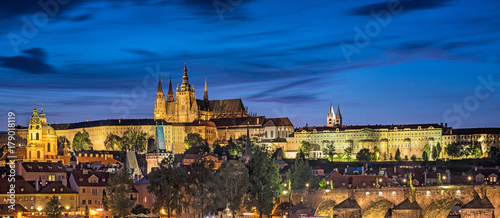 View on the Charles Bridge and Castle in Prague at night