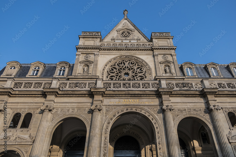 Neo-Renaissance facade of City hall of the Paris first district (Mairie du premier arrondissement de Paris, 1858-1860). Place du Louvre, Paris, France.