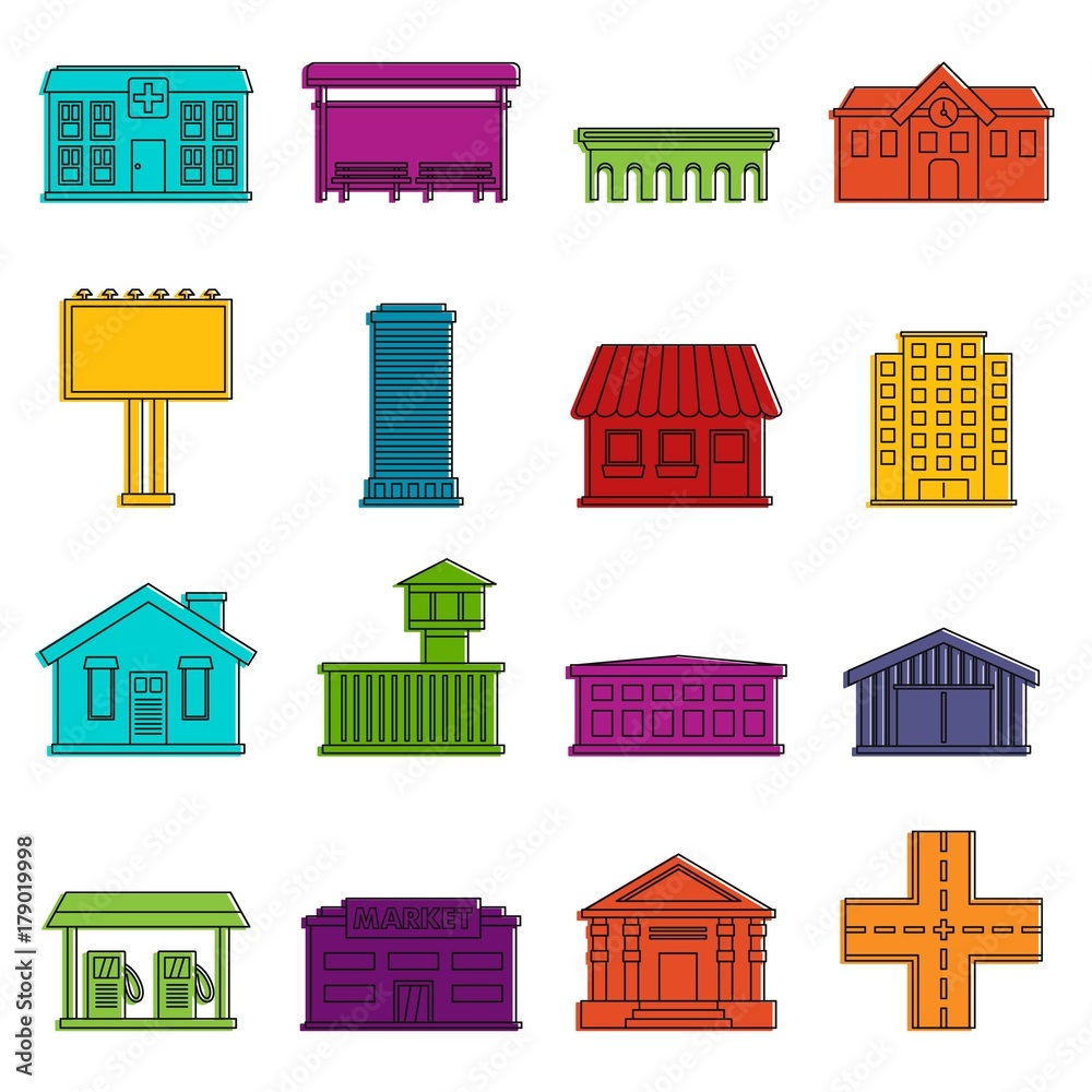City infrastructure items icons doodle set