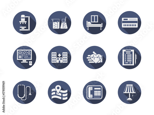 Hospital blue flat vector icons set