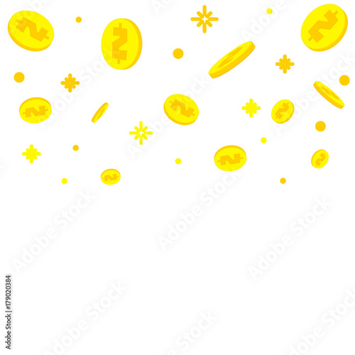Golden dollar coins falling down on white background. Winning money, fundraising success business concept. Internet banking, mobile payments, deposit, investment, saving symbol. Vector illustration.