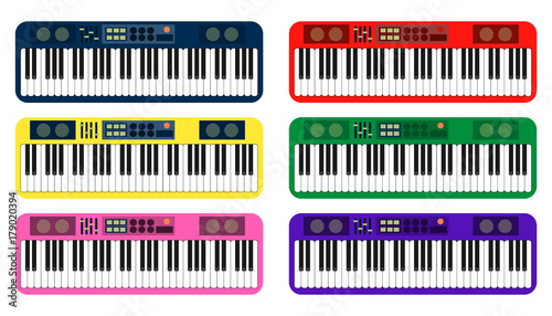 Set of color flat style vector piano roll analog synthesizer faders buttons knobs display on white background EPS
