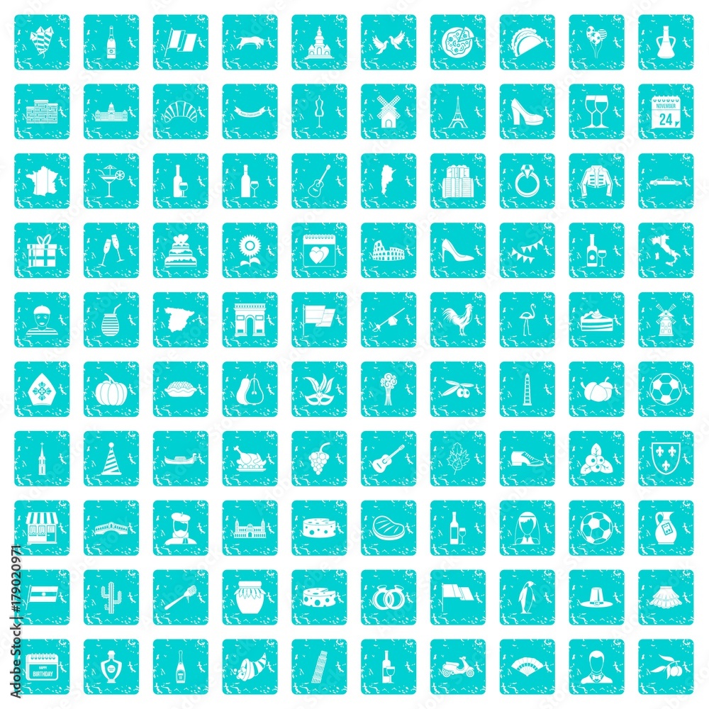100 wine icons set grunge blue